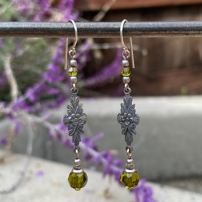 Owen Glass Collection Grace 7-inch olivine crystal earrings with intricate filigree design and elegant dangle style.