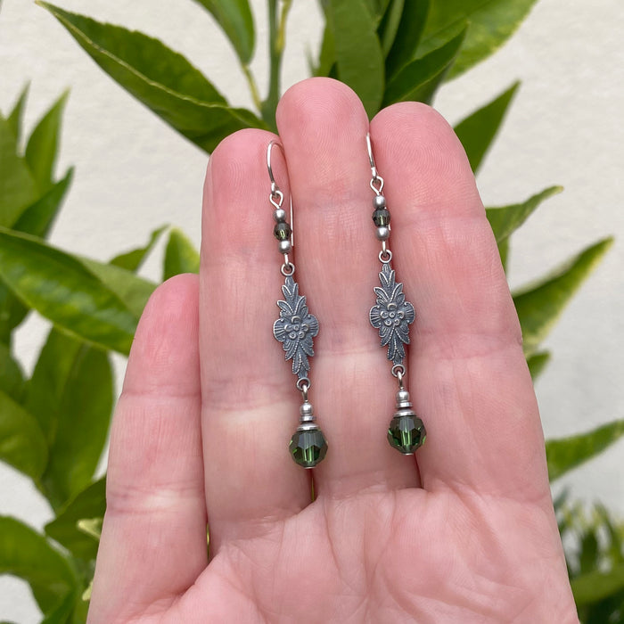 Owen Glass Collection Grace 8-inch tourmaline crystal earrings with intricate filigree design and silver hooks.