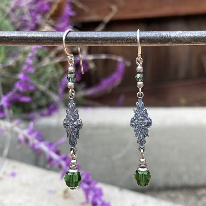 Owen Glass Collection Grace 8-inch tourmaline crystal earrings with intricate filigree design, showcasing vibrant gemstone accents.