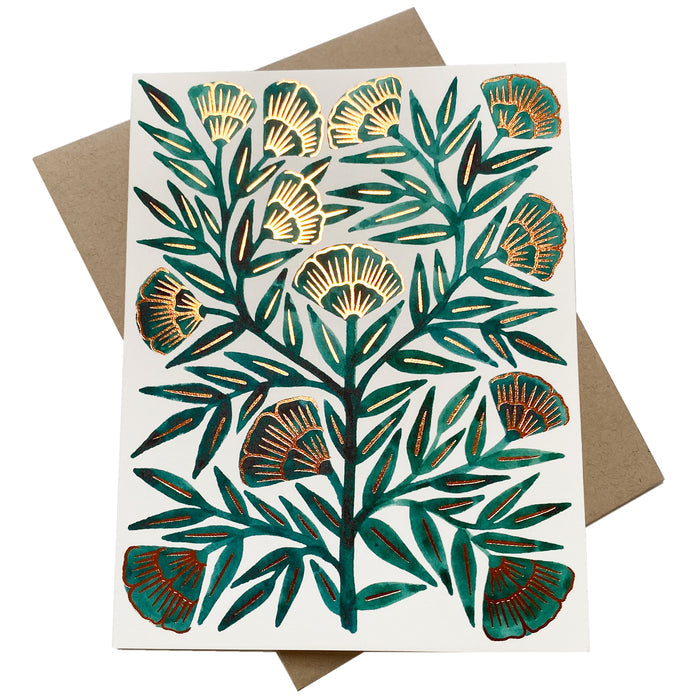 Green foil-stamped greeting card from Owen Glass Collection featuring a floral design on high-quality paper.