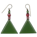 Green glass geometric earrings from Owen Glass Collection featuring modern, angular design and lightweight style.