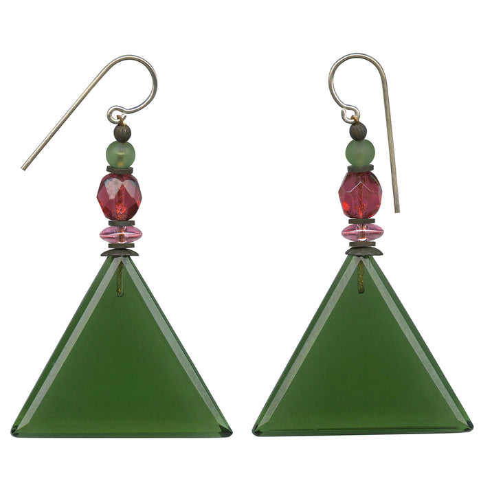 Green glass geometric earrings from Owen Glass Collection featuring modern, angular design and lightweight style.