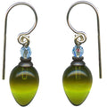 Green glass and aqua crystal dangle earrings from Owen Glass Collection featuring elegant plum-shaped design.
