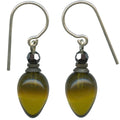 Green glass and jet crystal dangle earrings from Owen Glass Collection with plum-shaped design.