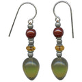 Owen Glass Collection watercolor glass earrings in green, topaz, and red with vibrant, artistic designs on a white background.