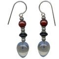 Owen Glass Collection watercolors 5-inch glass earrings in grey, black, and red with watercolor pattern design.