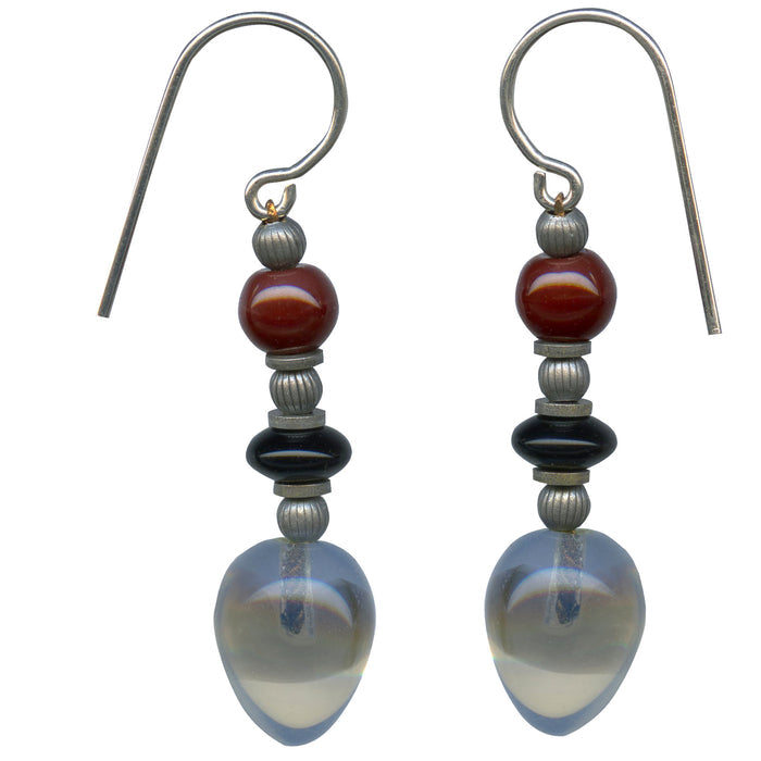 Owen Glass Collection watercolors 5-inch glass earrings in grey, black, and red with watercolor pattern design.