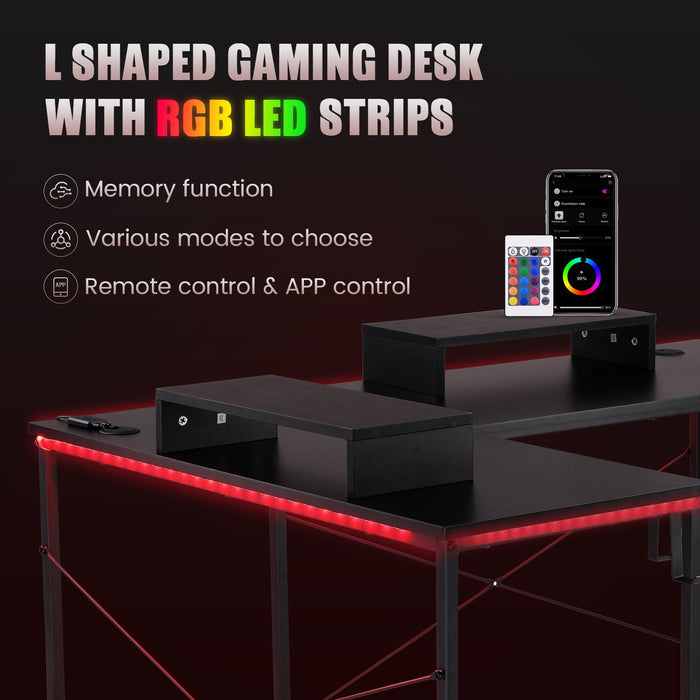 GTRACING L-Shaped Gaming Desk with RGB Light and Removable Storage Stands, Black - Brand New - Open Box