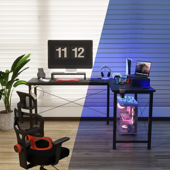 GTRACING L-Shaped Gaming Desk with RGB Light and Removable Storage Stands, Black - Brand New - Open Box