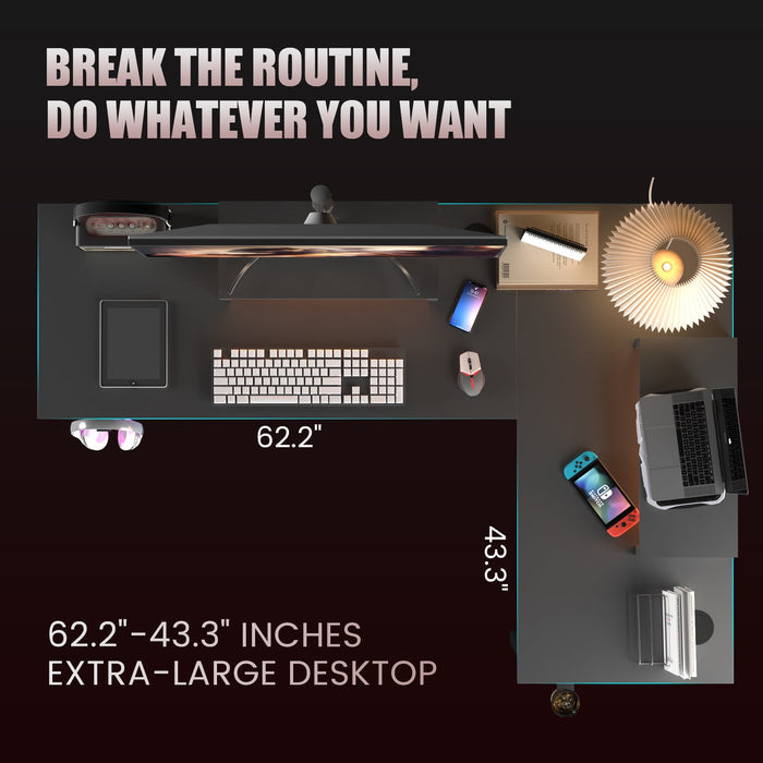 GTRACING L-Shaped Gaming Desk with RGB Light and Removable Storage Stands, Black - Brand New - Open Box
