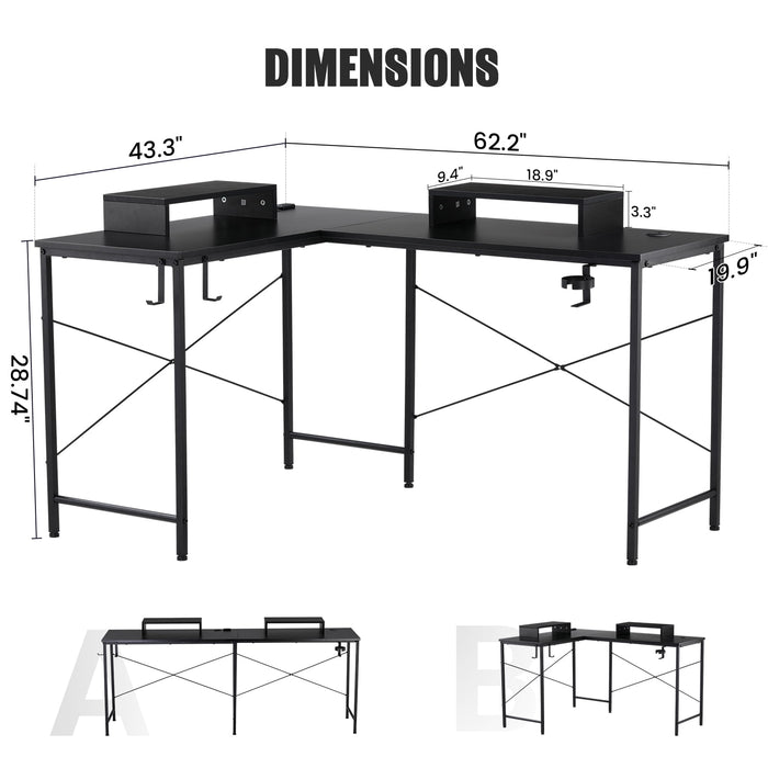GTRACING L-Shaped Gaming Desk with RGB Light and Removable Storage Stands, Black - Brand New - Open Box