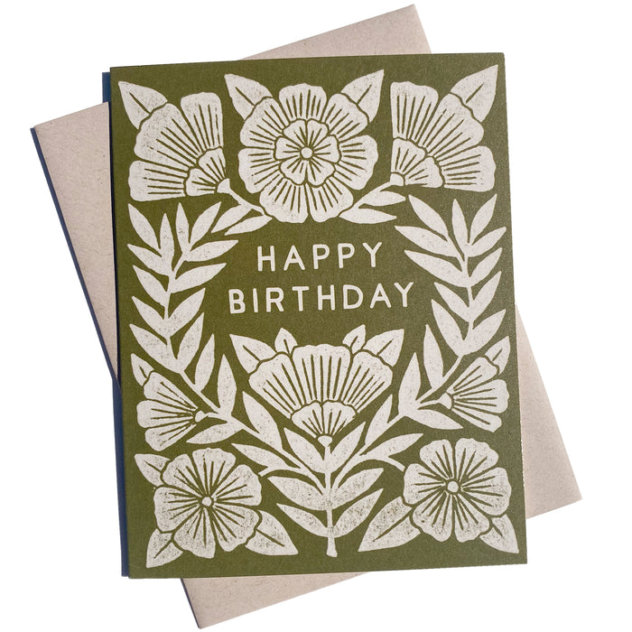 Owen Glass Collection "Happy Birthday" greeting card with green background and cheerful birthday message.