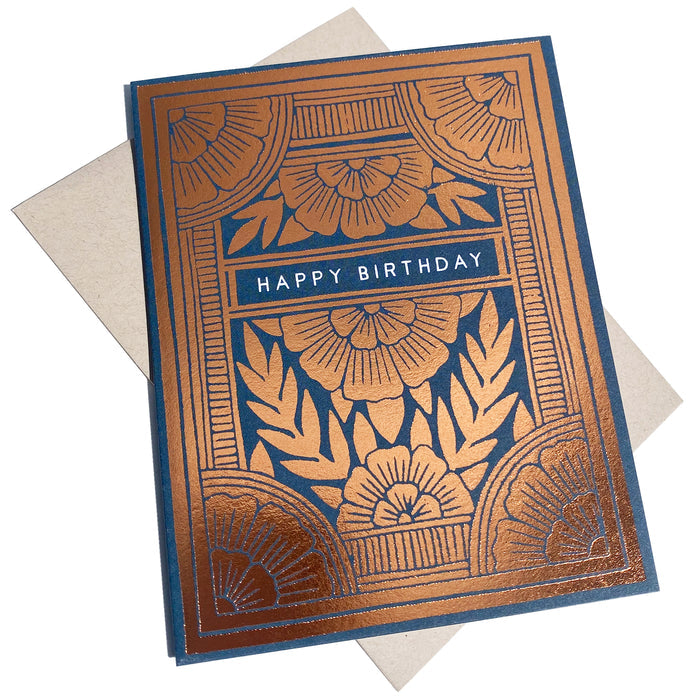 Black foil-stamped "Happy Birthday" greeting card from Owen Glass Collection with elegant design.