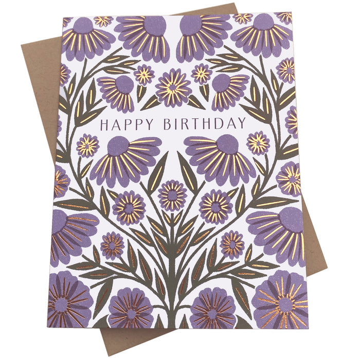 Owen Glass Collection "Happy Birthday" foil-stamped greeting card with festive design and elegant lettering.