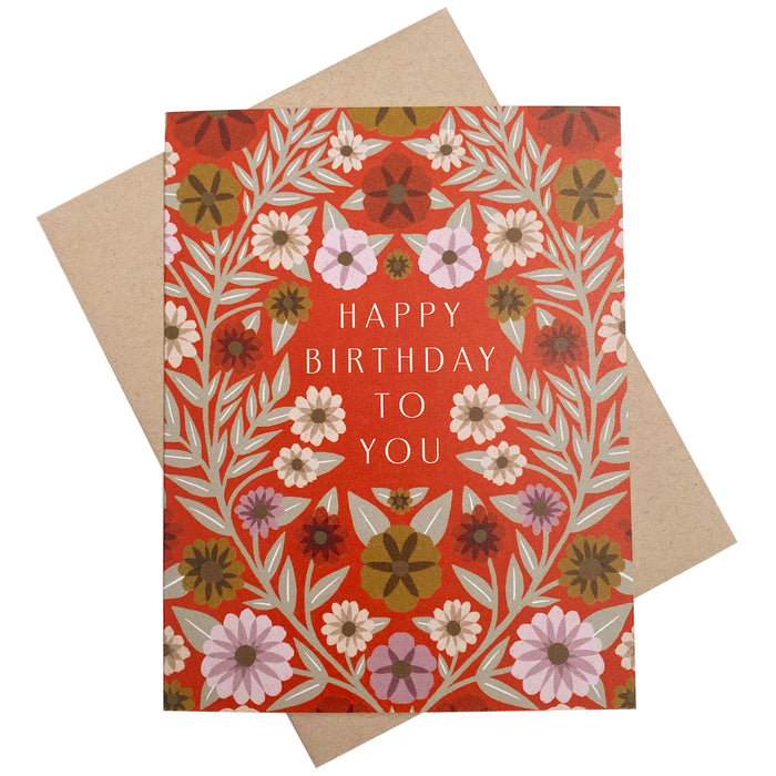Red "Happy Birthday To You" greeting card from Owen Glass Collection with colorful celebratory design.