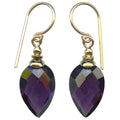 Owen Glass Collection Harlequin 10-inch amethyst glass and gold earrings with a geometric, colorful design.
