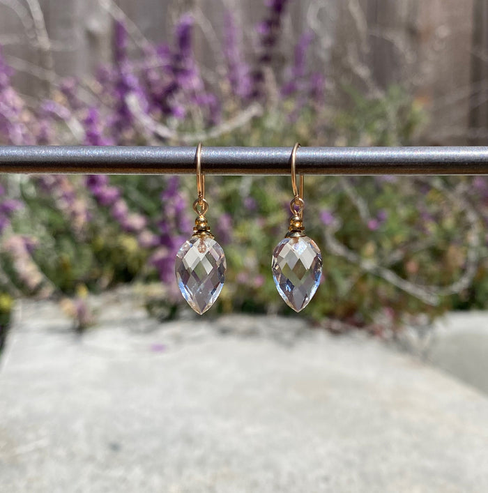 Harlequin 11 clear glass and gold earrings from Owen Glass Collection featuring geometric design and elegant craftsmanship.