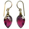 Fuchsia glass and gold earrings from Owen Glass Collection featuring a harlequin design, shown with intricate glass and gold details.