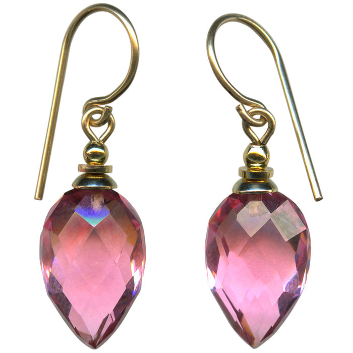 Owen Glass Collection harlequin pink glass and gold earrings with geometric pattern and elegant design.