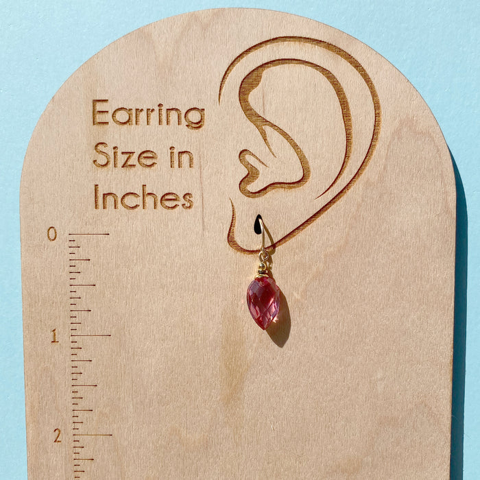 Pink glass and gold earrings from the Owen Glass Collection featuring a harlequin design, elegant and eye-catching jewelry accessory.