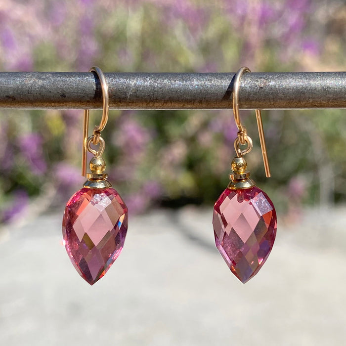 Pink glass and gold earrings from Owen Glass Collection, featuring a harlequin design with elegant, vibrant details.