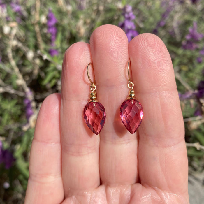 Owen Glass Collection Harlequin 3 pink glass and gold earrings with geometric design, stylish jewelry for women.
