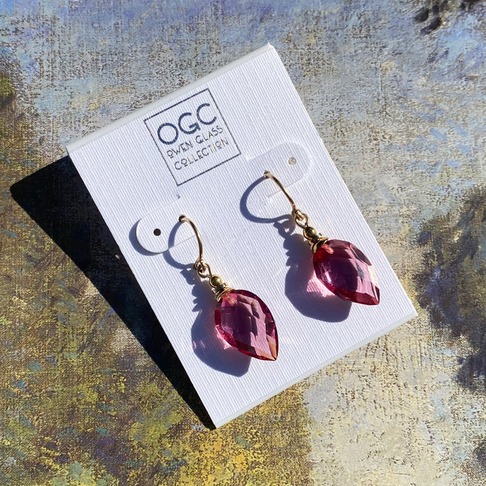 Pink glass and gold earrings from Owen Glass Collection featuring a harlequin design for elegant style.