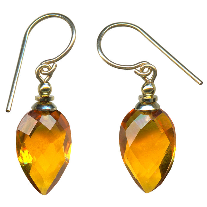 Harlequin 4 Topaz glass and gold earrings from Owen Glass Collection, featuring geometric design and sparkling gemstone accents.