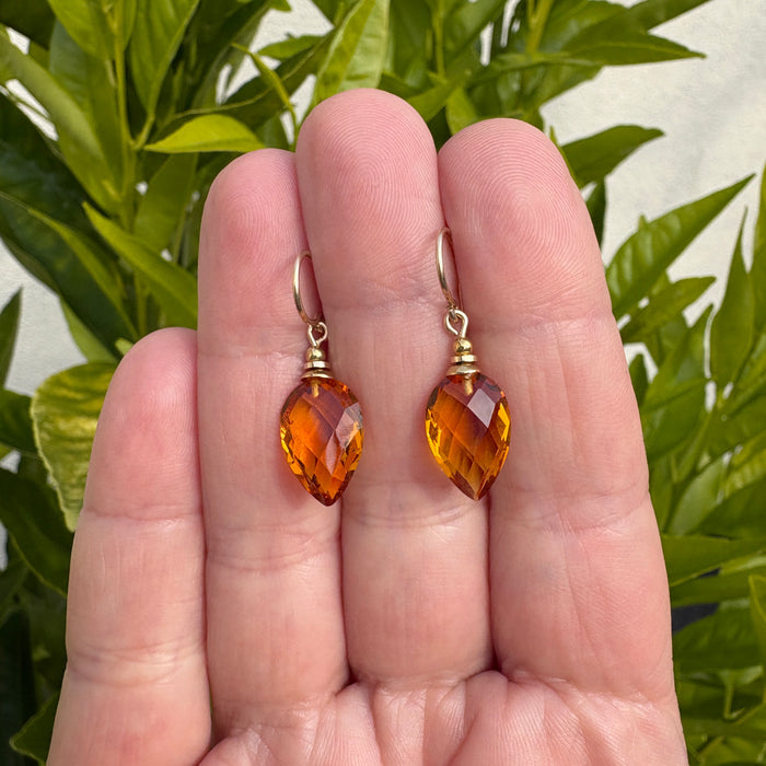 Harlequin 4 Topaz glass and gold earrings from Owen Glass Collection, featuring geometric design and sparkling gemstone accents.