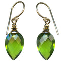 Owen Glass Collection Harlequin 5 green glass and gold earrings with geometric design and intricate detailing.