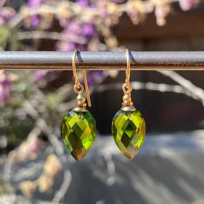 Harlequin 5 green glass and gold earrings by Owen Glass Collection featuring geometric design and statement style.