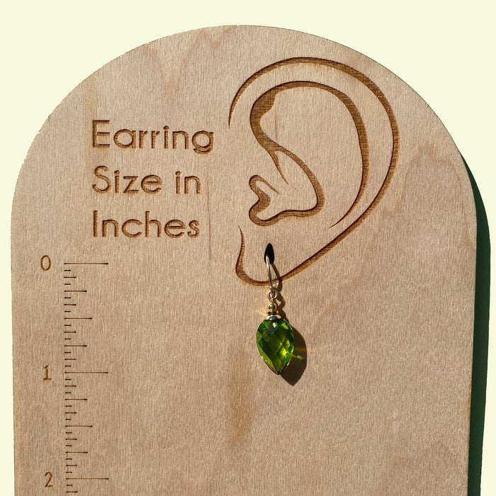 Green glass and gold earrings from Owen Glass Collection featuring a harlequin design, showcasing intricate glasswork and elegant style.