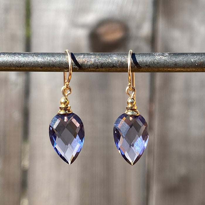 Owen Glass Collection Harlequin 9-inch light amethyst glass and gold earrings with intricate design and elegant craftsmanship.