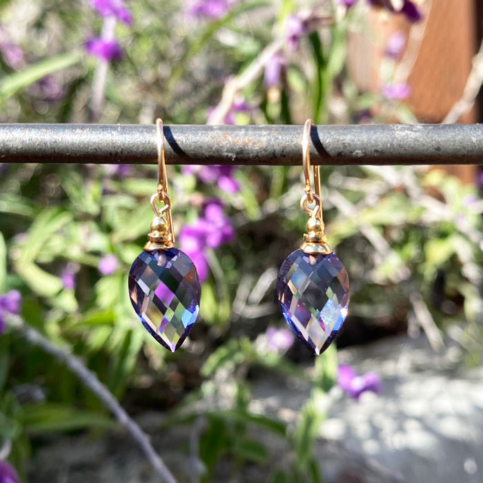 Owen Glass Collection Harlequin 9-inch light amethyst glass and gold earrings with geometric pattern and elegant design.