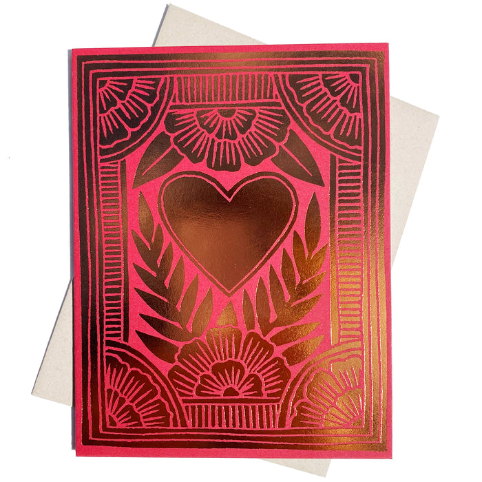 Owen Glass Collection heart foil-stamped greeting card with a shiny metallic heart design on white cardstock.