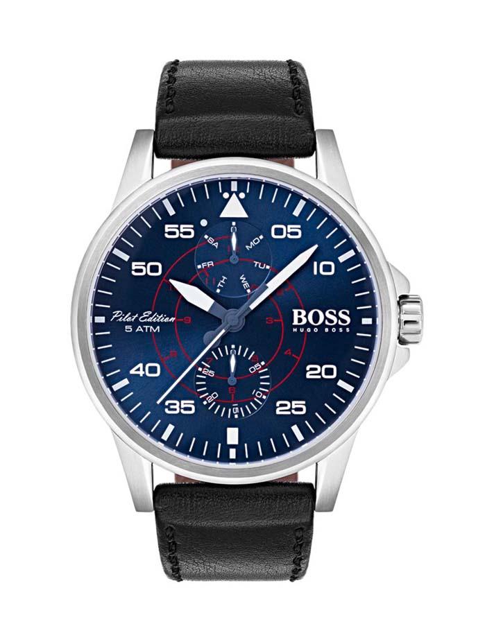 Hugo Boss Mens Aviator Watch - Stainless Steel -Black Leather Strap -Day/Seconds - BOSS-1513515_1d9cb721-9fd8-406b-90a2-b21eb6027a30