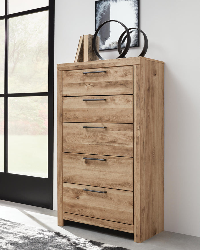 Hyanna Tan Brown Five Drawer Chest - Brand New