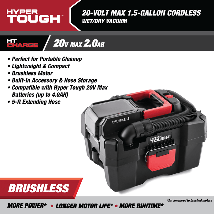 Hyper Tough 1.5 Gallon Wet Dry Vac, 20V Max, Brushless Motor, Cordless, Battery and Charger Included - Brand New