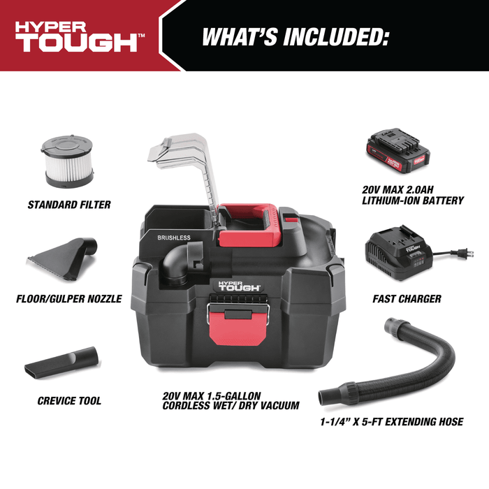 Hyper Tough 1.5 Gallon Wet Dry Vac, 20V Max, Brushless Motor, Cordless, Battery and Charger Included - Brand New