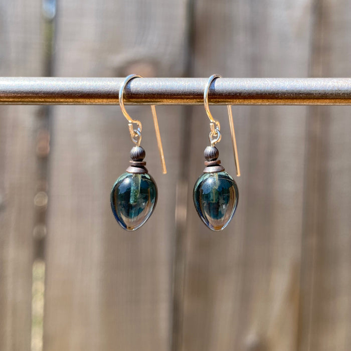 Indigo blue German glass drop earrings from Owen Glass Collection with mini berry design, featuring delicate glass teardrops.