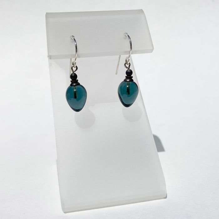 Indigo blue German glass drop earrings from Owen Glass Collection with mini berry design, featuring elegant glass teardrop shapes.