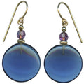 Indigo glass dangle earrings with gold accents and amethyst crystals from Owen Glass Collection, featuring window-inspired design.
