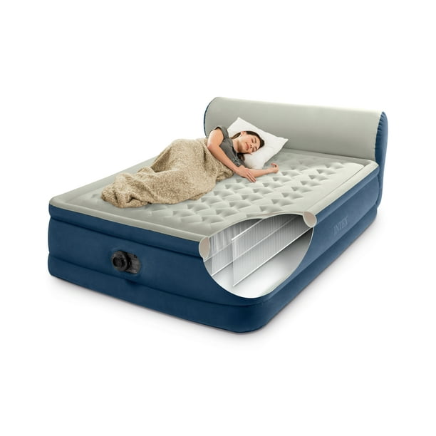 Intex Headboard 18" Queen Dura-Beam Deluxe Raised Air Bed Mattress with Built-in Pump - Used, Like New