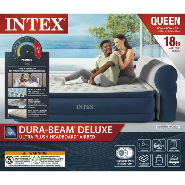 Intex Headboard 18" Queen Dura-Beam Deluxe Raised Air Bed Mattress with Built-in Pump - Used, Like New