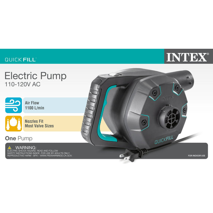 Intex Premium Quick-Fill 120V AC Electric Air Pump for Air Mattress & Inflatables, 3 Nozzles - Gray/Green - Brand New