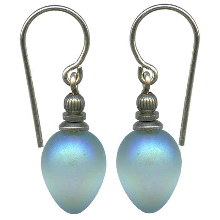 Iridescent frosted aqua glass drop earrings with berry-shaped design from Owen Glass Collection, featuring a delicate, elegant style.