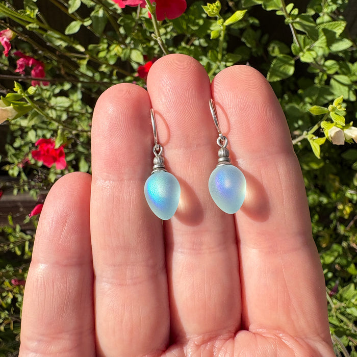 Iridescent frosted aqua glass drop earrings with mini berry design from Owen Glass Collection, showcasing elegant glass jewelry.