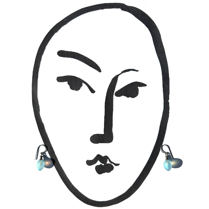 Iridescent frosted aqua glass drop earrings from Owen Glass Collection featuring mini berry-shaped design.