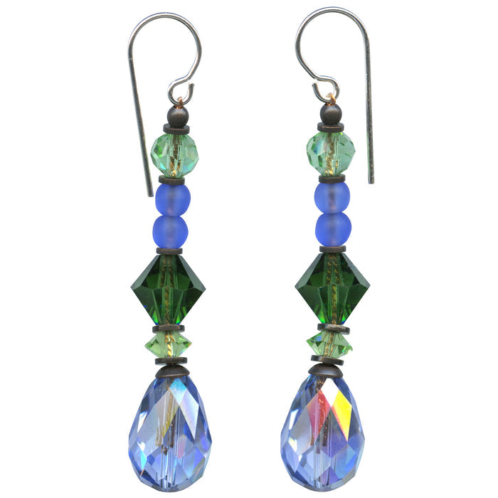 Iridescent light sapphire crystal earrings from Owen Glass Collection, showcasing elegant, shimmering jewelry design.