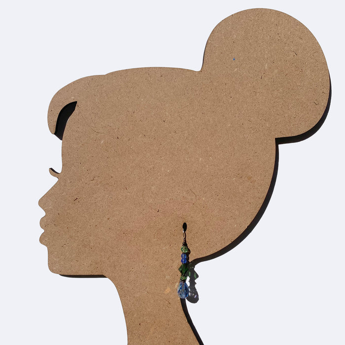 Iridescent light sapphire crystal earrings from Owen Glass Collection, showcasing sparkling gemstone dangle jewelry.